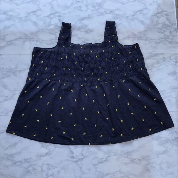Lane Bryant Women 38/40 Smocked Sleeveless Blouse Navy with Lemon Print New - Picture 2 of 12